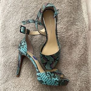 Brand new Jessica Simpson snake print heels with strap. Size 8 1/2. Comfy.